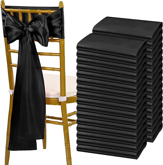 fani 120 PCS Black Satin Chair Sashes Bows Universal Chair Cover for Wedding Reception Restaurant Event Decoration Banquet,Party,Hotel Event Decorations (7 x 108 inch)