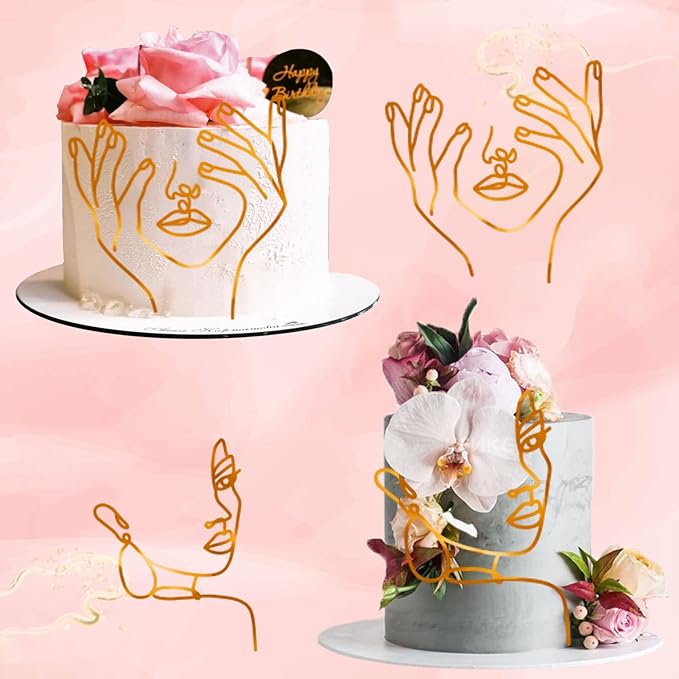 12 Pcs Acrylic Lady Face Cake Topper Minimalist Art Happy Birthday Cake Toppers Women Wedding Cake Decoration for Wedding Birthday Party (Gold)