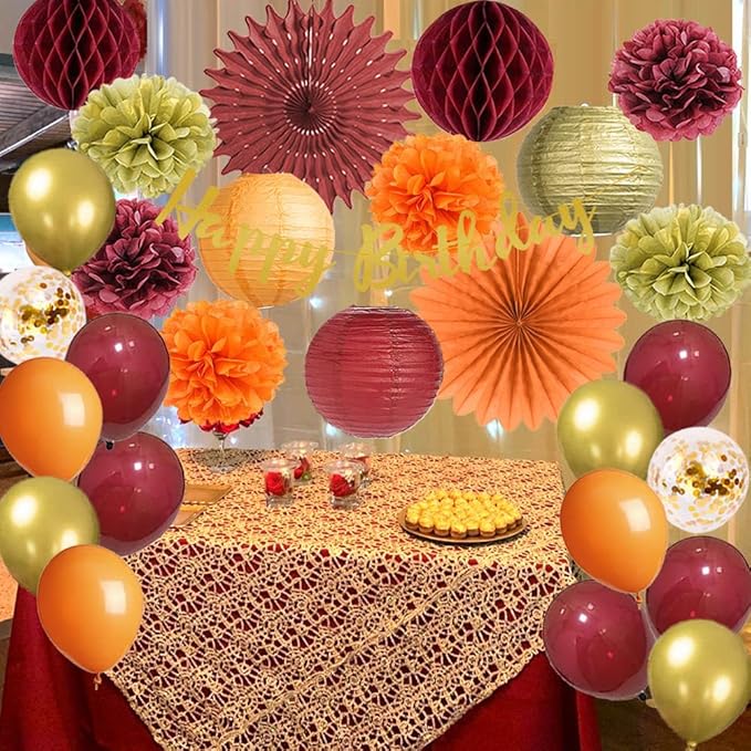 Fall Birthday Decorations Burgundy and Orange Party Decorations Pom Poms Flowers Paper Lanterns Fans Autumn Burgundy Birthday Decorations with Happy Birthday Banner Cake Topper Gold for Women Girls