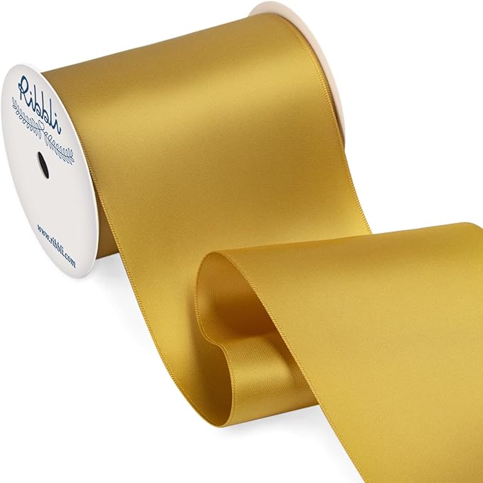 Ribbli Gold Satin Ribbon 4 Inch Wide Gold Ribbon for Wedding Chair Sash Grand Opening Ceremony Big Bows Gift Wrapping Floral Crafts Cake Decor-Double Faced Satin Continuous 10 Yards