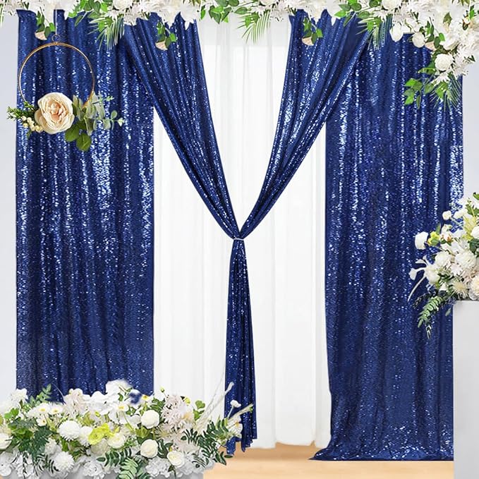 Eternal Beauty Navy Blue Sequin Backdrop Curtains, Shimmer Back Drop 2Panels-2FTx8FT for Independence Day Christmas, Party, Birthday, Photography, Wedding, Baby Shower Event Decoration