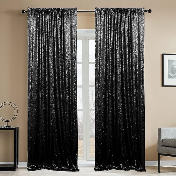 Black Sequin Photography Backdrop Curtains 2FTx8FT 2 Panels Sparkly Background Drapes for Parties