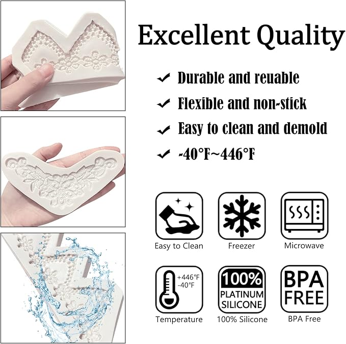 Lace Fondant Mold Set of 3, Edible Lace border Cake Decorating Imprint Mat Silicone Molds for Wedding, Valentine's Day, Chocolate, Cupcake, Cookies, Gum, Candy, Marzipan, Polymer Clay, Epoxy Crafts