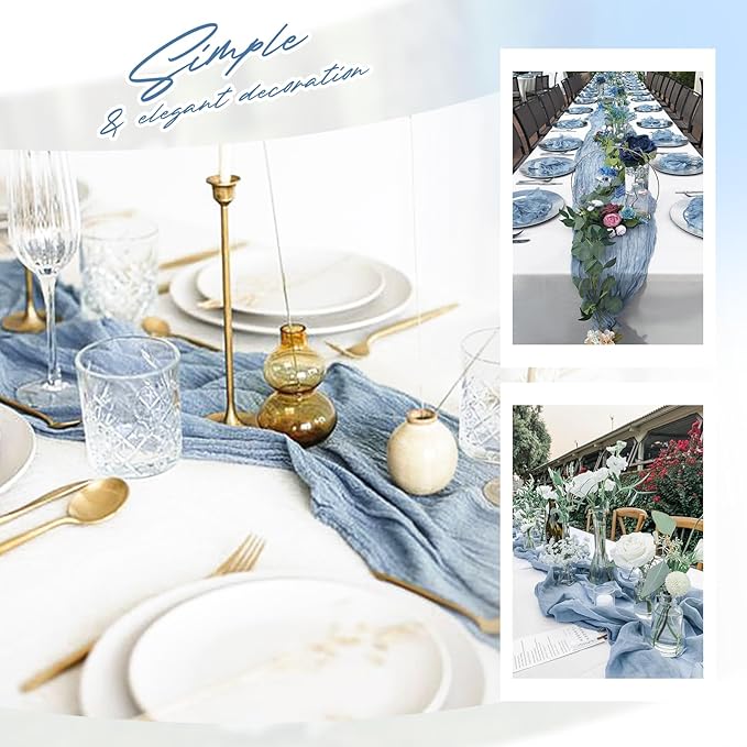 Aktor 4 Pack Dusty Blue Table Runner Boho Cheesecloth Table Runner Semi Sheer Gauze Fabric Runners for Wedding Birthday Baby Shower Party Boho Table Decoration（Dusty Blue）