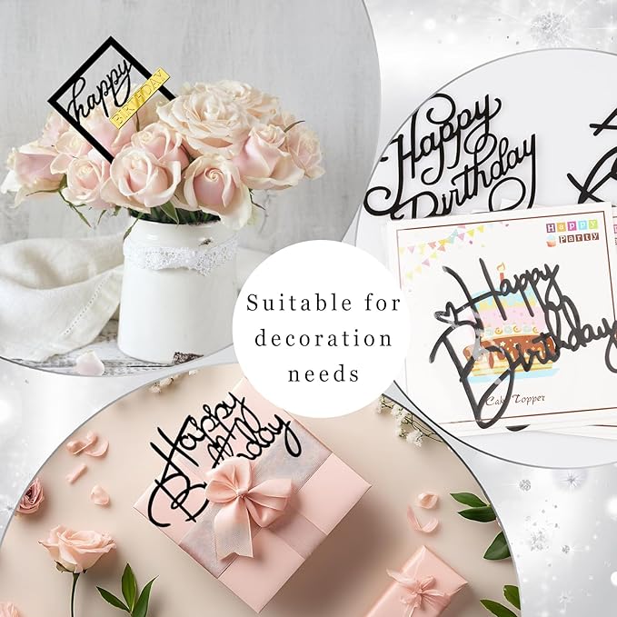 10 PCS Black Birthday Cake Topper Mirror Acrylic Happy Birthday Cake Toppers Double-Sided Dessert Decorations for Girls Women's Party Supplies