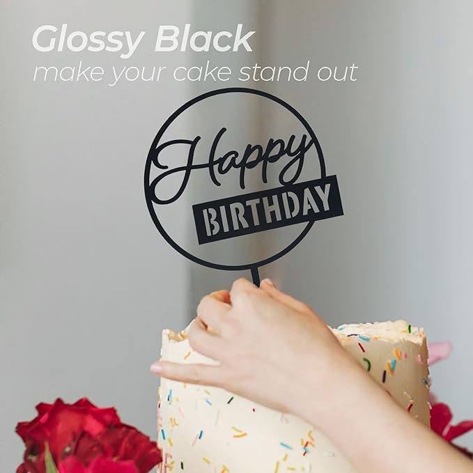 6 Pcs Black Happy Birthday Cake Toppers Set, Acrylic Cake Decoration for Birthday Party