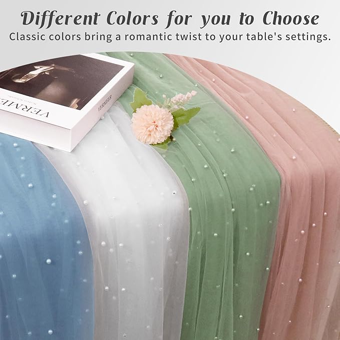 Pearl Table Runner 29 x 120 Inch Tulle Fabric Lace Table Runners Boho Rustic Tablecloth for Bridal Shower Birthday Party Wedding Arch Aisle Veil Dessert Table Decor(1 Pack, White)