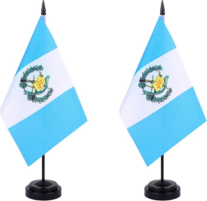 WXTWK 2 Pack Guatemala Flag Guatemala Deluxe Desk Flag Set - Mini Small Guatemalan Table Office Flags with Black 12" Solid Pole Stand Base Classroom Meeting Desktop Decorations