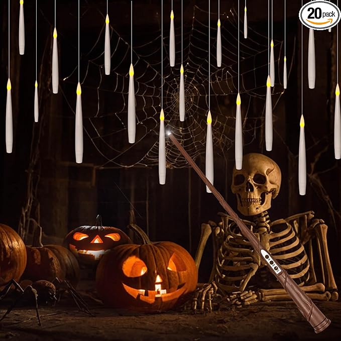 Leejec Floating Candles with Magic Wand Remote (6/18H Timer), 20pcs 6.1” Hanging Flameless Taper Candles, Flickering Warm Light, Halloween Christmas Classroom Windows Wedding Party Decor(White)