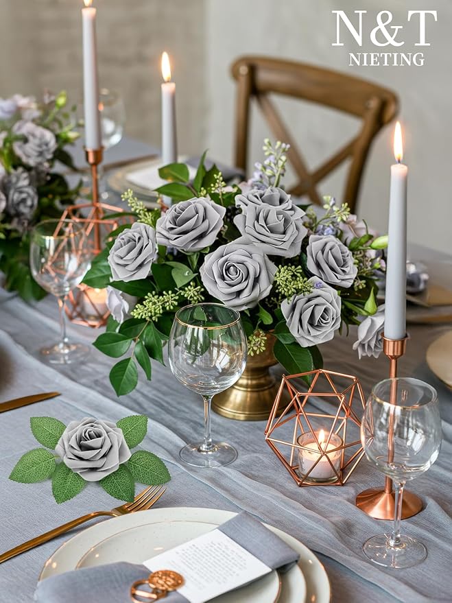 N&T NIETING Artificial Rose, 25pcs Gray Fake Foam Flowers with Stems for Wedding Party Baby Shower Cake Decoration, Home Display