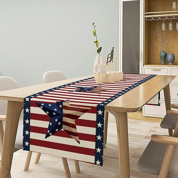 4th of July Table Runner, Patriotic Independence Day American Stars Stripes Flag Print Table Runner for Farmhouse Kitchen Dining Holiday Birthday Party, 13x90inch