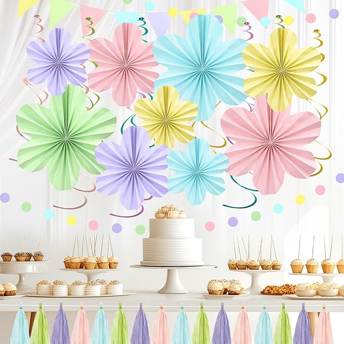 Pastel Rainbow Party Decorations, Pastel Birthday Decorations with Colorful Hanging Paper Flowers,Tassel Garland and Swirls for Boys Girls, Baby Showers Wedding Party Supplies