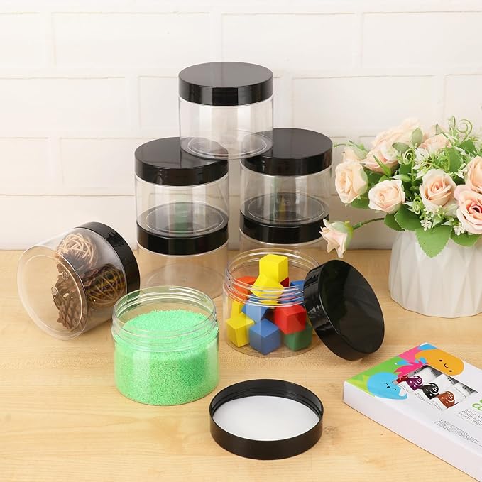 36 Packs 10 OZ Transparent Plastic Jars with black Lids, Body Butter Containers, Cosmetic Containers jars for Kitchen Ingredients, beads, sequins, Lotion, Cream, DIY Crafts and More by KUKLIPJIM.
