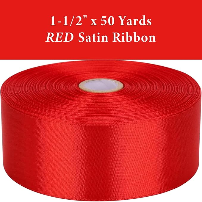 1-1/2" x 50 Yards Red Satin Ribbon Single Faced Fabric Ribbons for Gift Wrapping, Crafting, Floral Arrangements, Flower Bouquet, Wedding, Home Decor