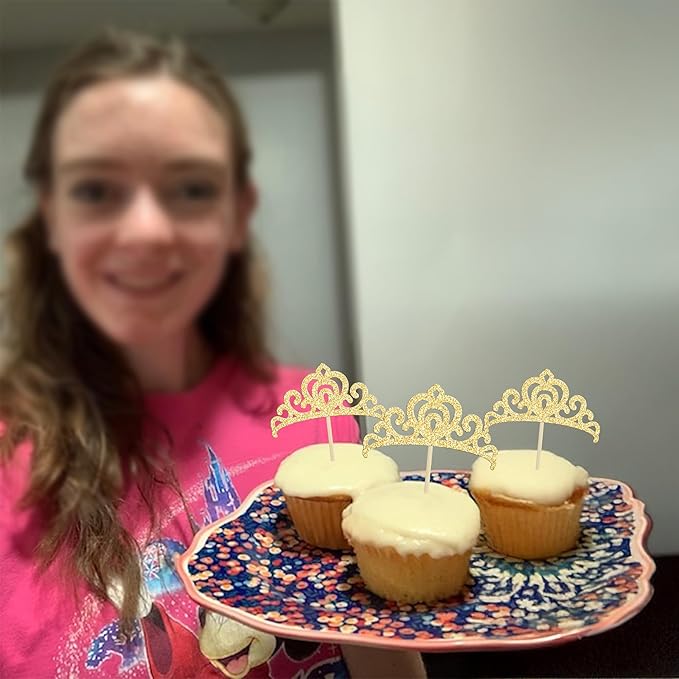 Gyufise 24Pcs Gold Princess Crown Cupcake Toppers Glitter Princess Cake Pick Decorations for Wedding Girl Birthday Baby Shower Party Decorations Light Gold