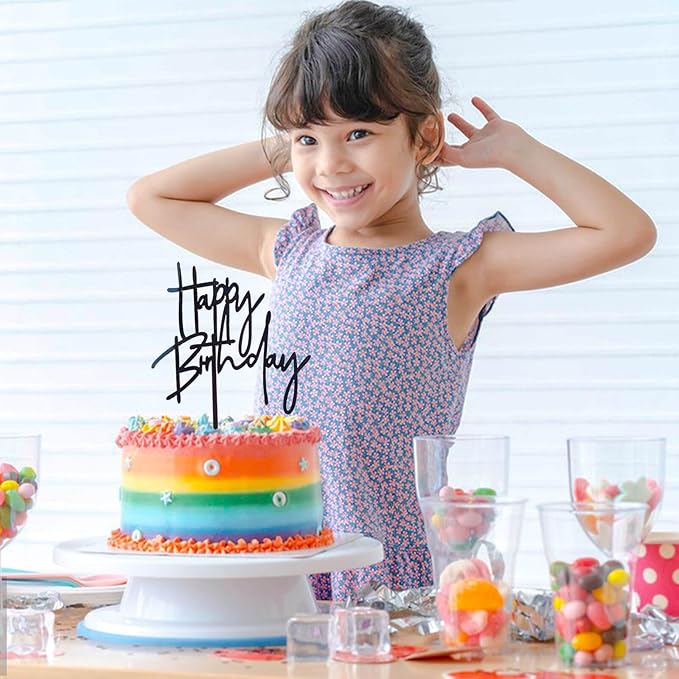 Black Happy Birthday Cake Topper – 1 pc, 5.3x3.9 Inch Acrylic Cake Decorations – Easy-to-Use Birthday Topper for Cakes, Cupcakes & Parties