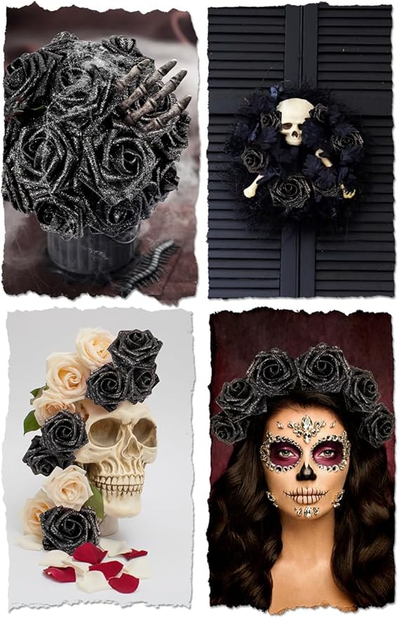 N&T NIETING Artificial Flowers Black Glitter Flowers Foam 25pcs Glitter Roses Real Looking Fake Roses with Stem for DIY Wedding Bouquets Centerpieces Bridal Shower Party Home Decorations