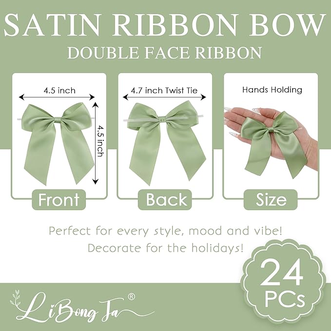4.5" Satin Ribbon Sage Green Bows for Gift Wrapping, Twist Tie Bows, Cute Bows for Crafts, Party Favors, Premade Bows Pre-Tied Decorative Bows for Flower Bouquets Candy Apple Bows-24 Counts