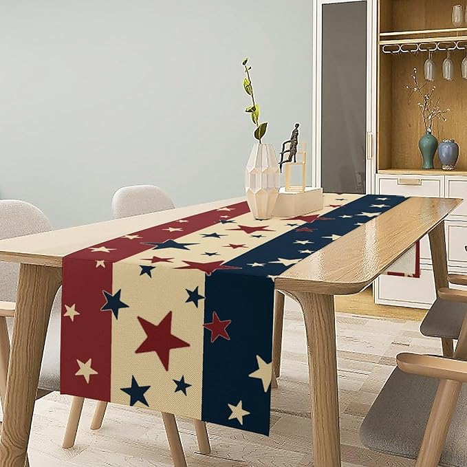 Memorial Day Table Runner, 4th of July American Patriotic Independence Day Stars Stripes Print Table Runne for Summer Holiday USA Home Decoration Party,13x60inch