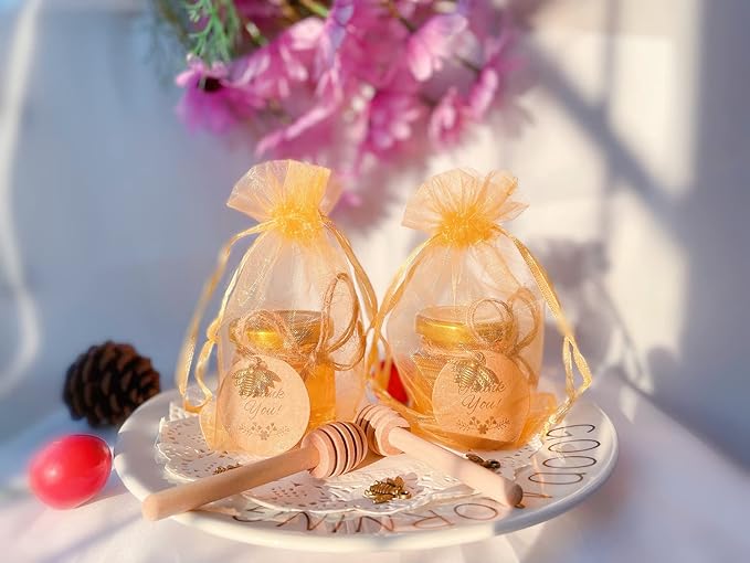 IIKUM 40 Pack Glass Honey Jars, 1.5 oz Hexagon Honey Pots with Lids, Dippers, Bee Pendants, Gift Bags, Thank You Cards, Jute and Stickers-Great Honey Jars Set for Baby Shower, Wedding and Party Favors