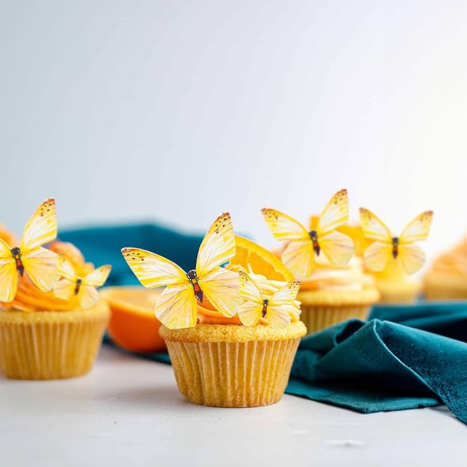 Ephlyn 72Pcs Edible 3D Realistic Cupcake Toppers - Cute Butterfly Cake Picks for Baby Shower, Boys Girls Birthday Party Decorations - Yellow