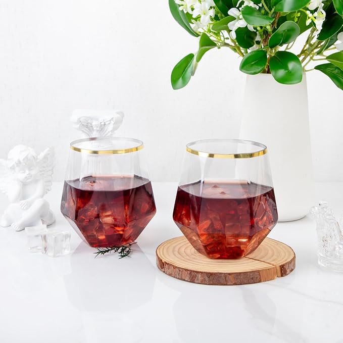 LUODA Gold Diamond Shaped Plastic Stemless Wine Glasses Set of 24, Disposable 12 Oz Gold Plastic Whiskey Glasses for Birthday, Housewarming and Weddings