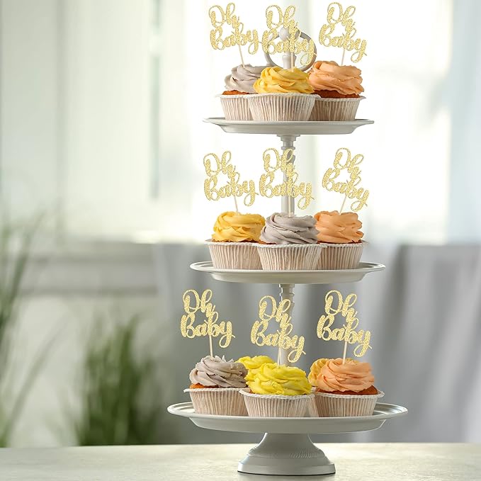 Gyufise 36 Pack Oh Baby Cupcake Toppers Glitter Baby Shower Cupcake Picks Decorations for Celebrating Baby Shower Kids Birthday Party Supplies Gold