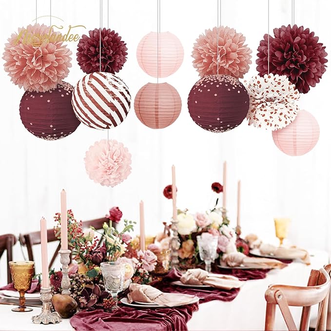 NICROLANDEE Burgundy Party Decorations 12PCS Hanging Paper Lanterns Tissue Pom Poms Decor for Retirement Party Birthday Anniversary Valentines Day Decorations