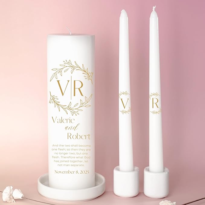 Unity Candles for Wedding, Modern Unity Set, Custom and Personalized Pillar and Taper Candles with Bible Quote, Unscented White Premium Wax, Religious and Wedding Ceremony, Special Events (Goldie)