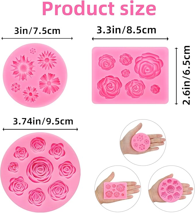 4 Pcs Flower Silicone Molds, Fondant Cake Flower Mold Silicone Daisy Rose Clay Mold Polymer Clay Molds for Cupcake DIY Crafts Cake Decoration