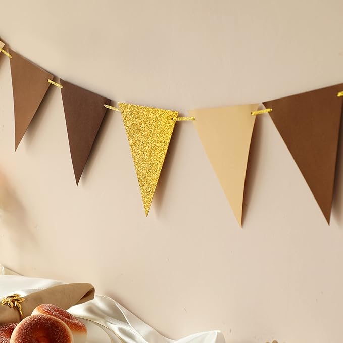 Fonder Mols Paper Pennant Party Decorations Coffee Brown Gold(10 Feet), Triangle Flags Bunting for Neutral Gender Reveal Party Birthday Baby Shower Classroom Nursery Wall Backdrop