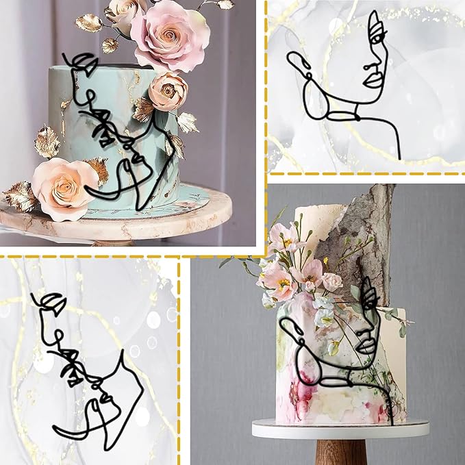 12 Pcs Acrylic Lady Face Cake Topper Minimalist Art Happy Birthday Cake Toppers Women Wedding Cake Decoration for Wedding Birthday Party (Black)