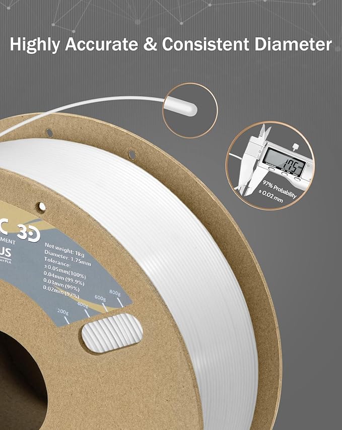 DURAMIC 3D PLA+ Filament 1.75mm 1Kg White, PLA Plus Filament 1Kg Spool(2.2lbs) Tougher and Stronger, Dimensional Accuracy Probability +/- 0.02mm