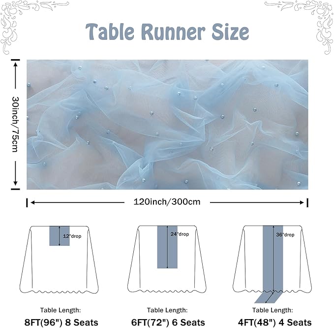 Fanami 6 Pack Pearl Table Runner -10FT Dusty Blue Boho Tulle Table Runners 120 Inches Long Rustic Sheer Lace Fabric Centerpieces for Wedding Arch Birthday Party Bridal Veil Baby Shower Decorations