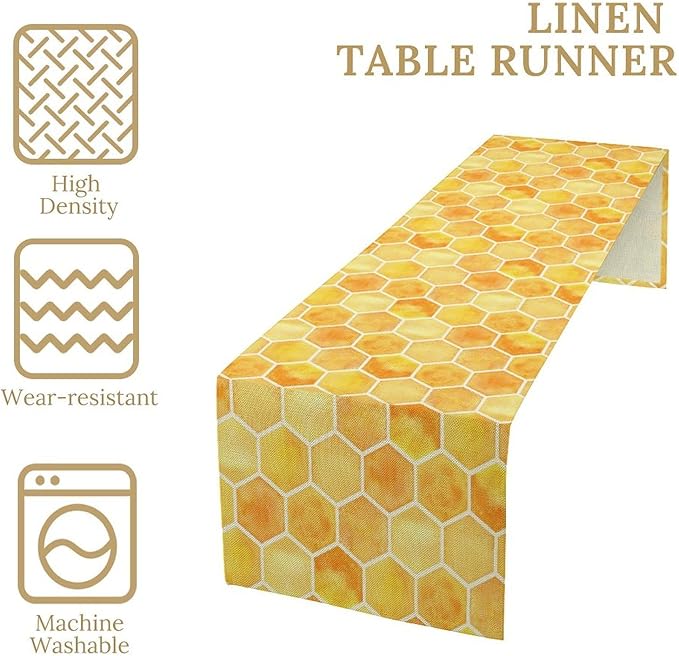 Honeycomb Bee Table Runner, Cute Abstract Geometric Yellow Honeycombs Print Table Cover for Kitchen Dining Table Indoor Outdoor Party Decor, 13x60inch