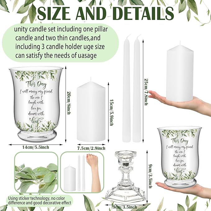 Irenare Unity Candles with Holder for Wedding Ceremony Wedding Decortions Accessories Glass Candle Holder Pillar Candle for Formal Events Church(Green Leaf)