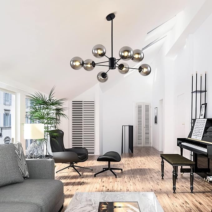 KCO Lighting Modern Glass Globe Sputnik Chandelier 8-Light Mid Century Black Sputnik Chandelier Pendant Light Fixture Farmhouse Industrial Chandelier Light Fixture (Black+Smoke Grey)