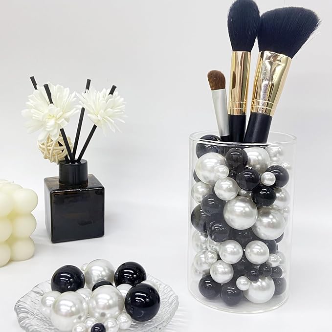150Pcs Black&White Polished No Hole Faux Pearl Beads for Vase Filling Decorations, Plastic Pearls Vase Fillers, Table Scatters, Wedding Centerpiece, Home Decor, 8/14/20 mm