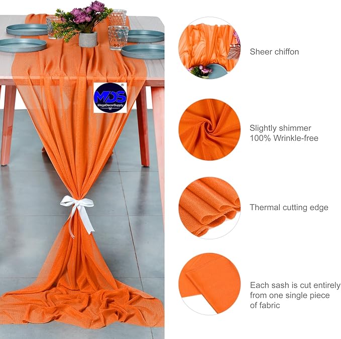 MDS Halloween Chiffon Table Runner - 15 Pack, 29 x 170 Inches, 14ft Each - Sheer Spooky Table Runners for Haunted House Parties, Trick-or-Treat Tables, Witchy Décor, Wedding & Events - Orange