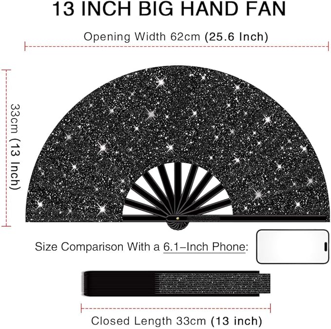 13" Large Folding Rave Fan with Holster, Clack Hand Fans Foldable for Line Dancing, Boots On The Ground Fan for Women Men Festival EDM Party Decoration, Glitter Black 2 Pack