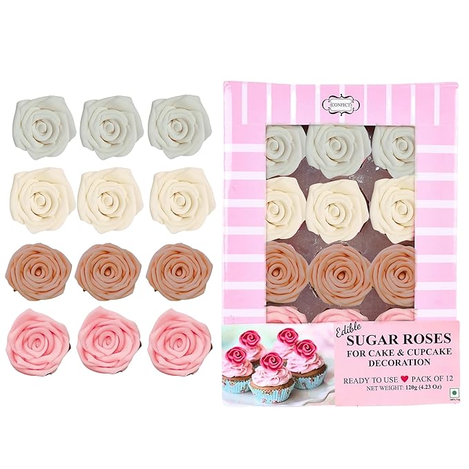 Confect Edible Rose Toppers – Edible Roses for Cake, Cupcake & Doughnut Decorating – Elegant Ombre Floral Toppers for Desserts- Vegan, Dairy-Free, Palm Oil-Free - Pack of 12