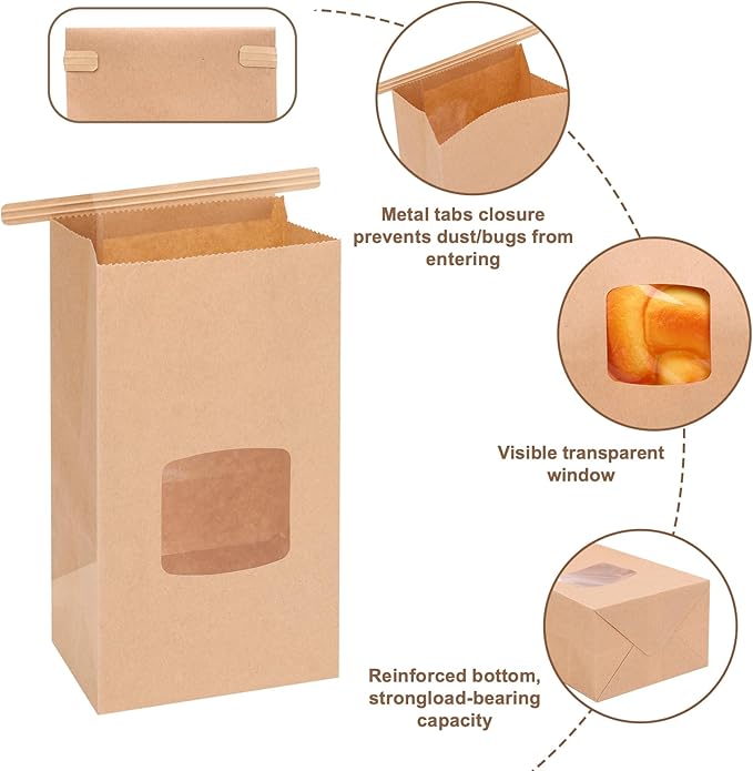 Moretoes 55pcs Small Bakery Bags with Window, 3.54x2.36x6.7in Tin Tie Tab Kraft Paper Bags for Cookie Coffee Bread Bakery Packing