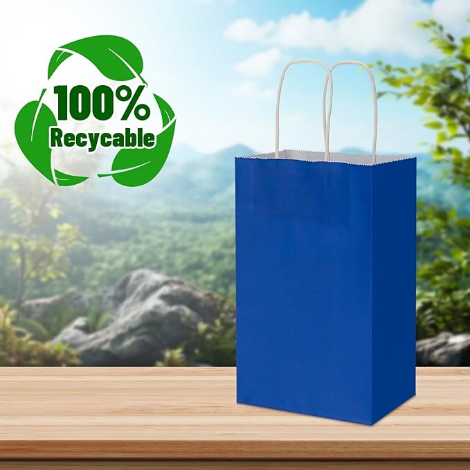 50 Pack 5.25x3.25x8.25 Inch Small Royal Blue Kraft Paper Bags with Handles Bulk, Toovip Gift Wrap Bags for Favors Grocery Retail Party Birthday Shopping Business Goody Craft Merchandise Take Out Sacks
