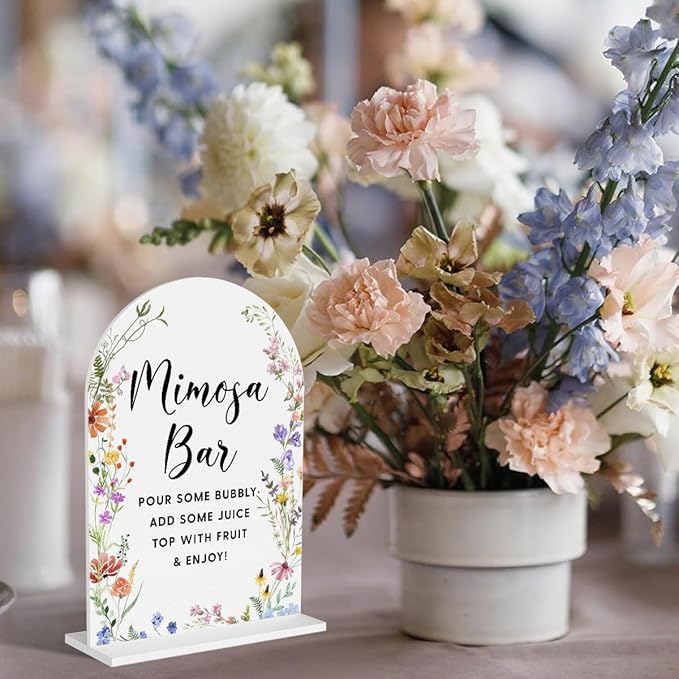 Acrylic Wedding Signs, Mimosa Bar Signs for Marriage Reception, Bridal Shower Decorations, Modern Arched Round Top Acrylic Table Top Sign with Holder for Wedding Party Dinner (White Wildflowers)