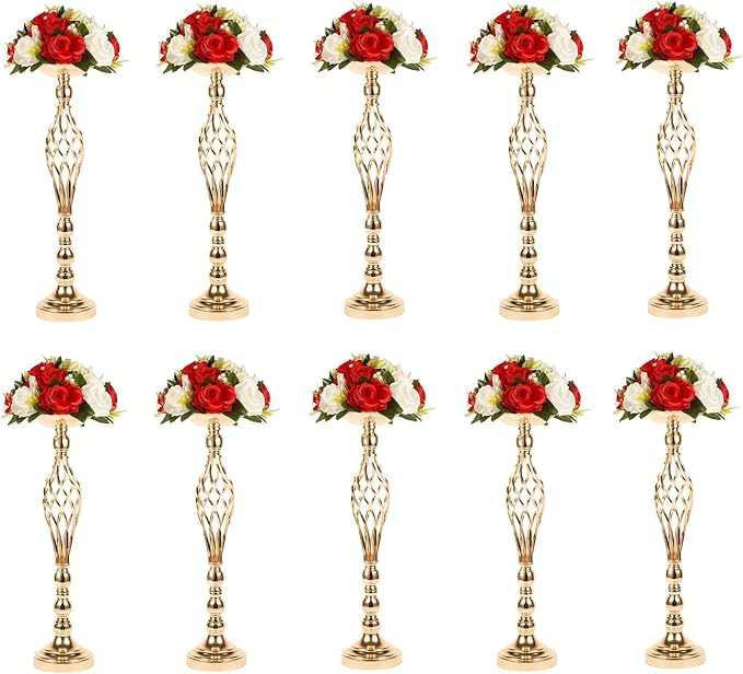 LANLONG 10pcs Metal Gold Candle Holders Road Lead Table Centerpiece Stand Pillar Candlestick for Wedding Candelabra Flowers Vases