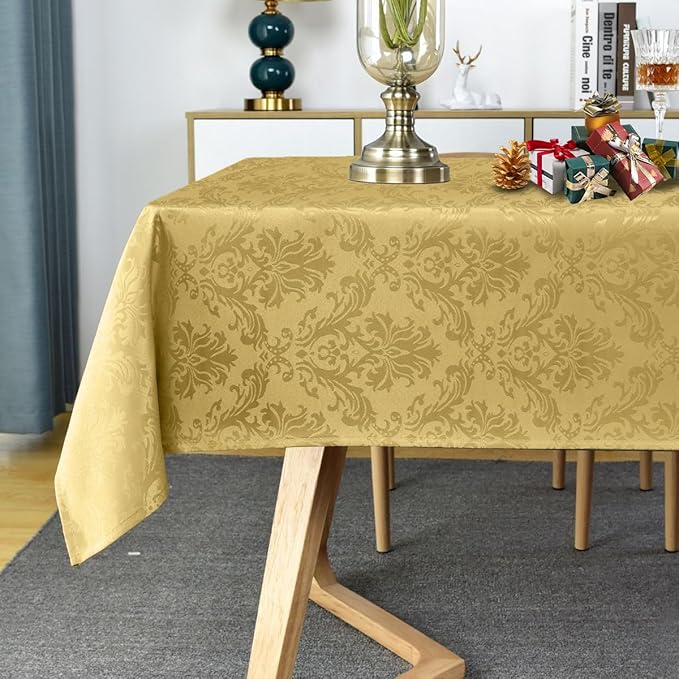 SASTYBALE Rectangle Jacquard Tablecloth - 60 x 102 Inch Spill Proof Wrinkle Resistant Damask Table Cloth, Soft Polyester Oblong Table Cover for Kitchen Parties Farmhouse, Gold