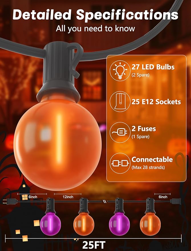 25ft Halloween String Lights Outdoor - G40 LED Orange and Purple String Lights with 27 Frosted Globe Bulbs(2 Spare), Vintage Halloween Decorations for Patio Balcony Porch Yard