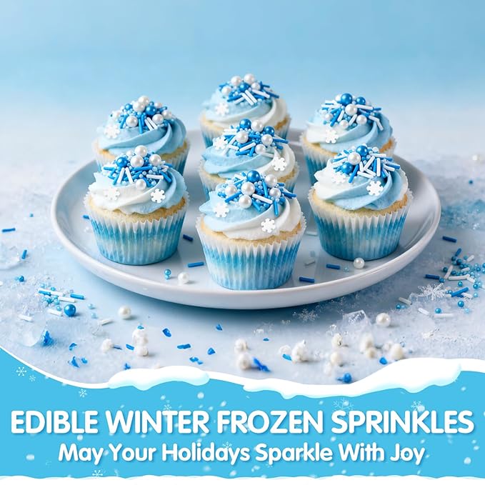 Edible White Snowflake Sprinkles,Blue White Nonpareils Pearls Jimmies Mix Sugar Sprinkle,100g,Snow Block Candy for Cake Decorating,Holiday Cake Decorations,Dessert,Cookies,Christmas Winter Baking Decorating