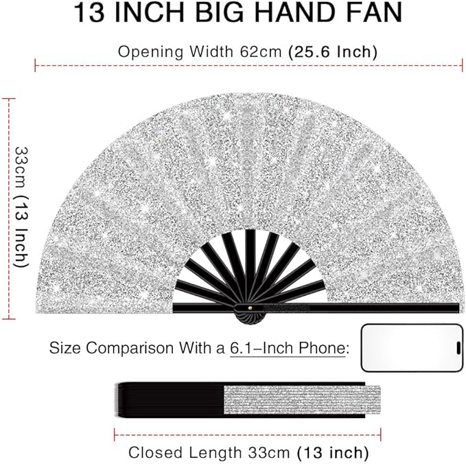 13" Large Folding Rave Fan with Holster, Clack Hand Fans Foldable for Line Dancing, Boots On The Ground Fan for Women Men Festival EDM Party Decoration, Glitter Silver