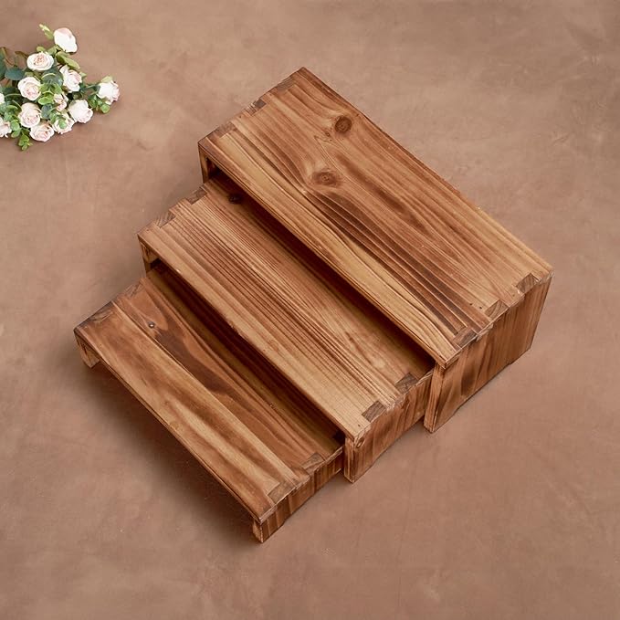 Set of 3 Wooden Rustic Cupcake Stand for 24 Cupcakes, Stepped Wood Display Stand for Weddings, Tiered Party Buffet Table Display Nesting Riser for Food , Dessert, Cookie, Craft Show, Burnt